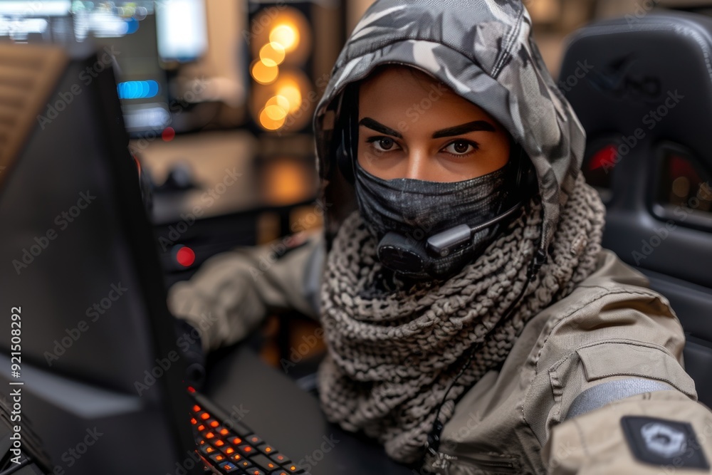 Focused Gamer in Tactical Gear Engaged in Intense Multiplayer Gaming Session at Night Focused Gamer in Tactical Gear Engaged in Intense Multiplayer Gaming Session at Night