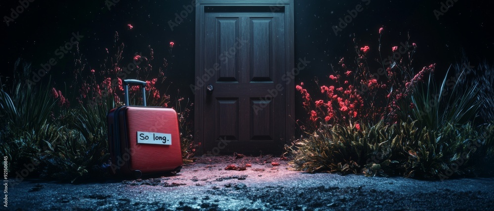 Red suitcase with so long label placed in front of closed door surrounded by dark flowers symbolizing departure, farewell, and a bittersweet goodbye Red suitcase with so long label placed in front of closed door surrounded by dark flowers symbolizing departure, farewell, and a bittersweet goodbye