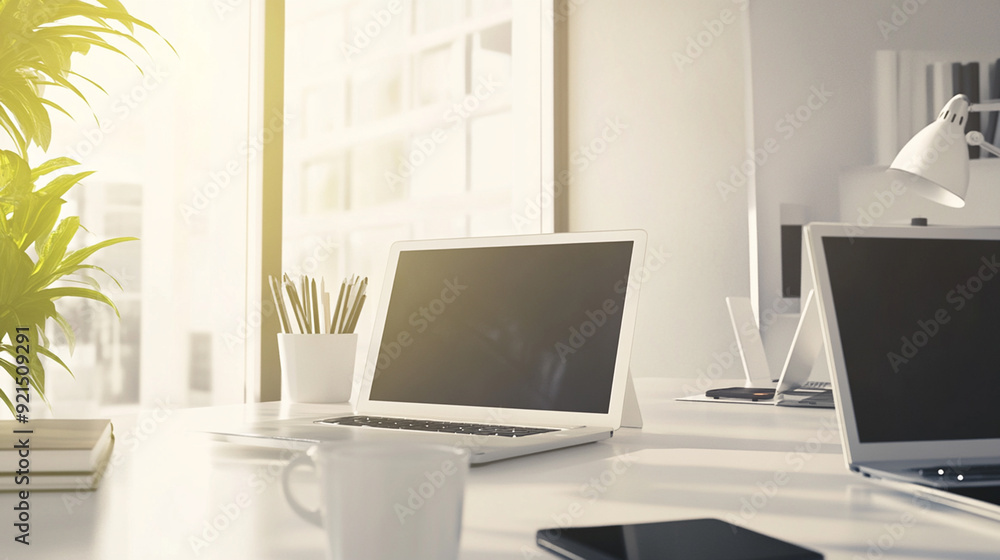 Close up of modern office desktop with blank laptop and other items. generativa IA Close up of modern office desktop with blank laptop and other items. generativa IA
