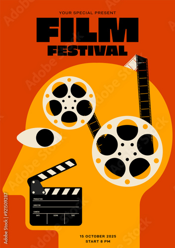 Film reel, filmstrip, clapperboard decorated with human shape isolated on orange background