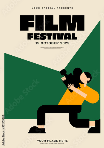 Cameraman holding vintage film camera. Movie and film festival poster template design background.