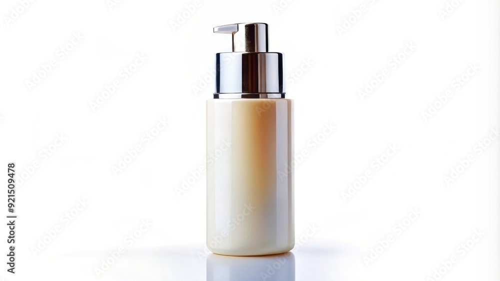 A sleek, white, cylindrical lotion bottle with a silver cap and subtle design elements stands upright on a pure white background, isolated from distractions. A sleek, white, cylindrical lotion bottle with a silver cap and subtle design elements stands upright on a pure white background, isolated from distractions.