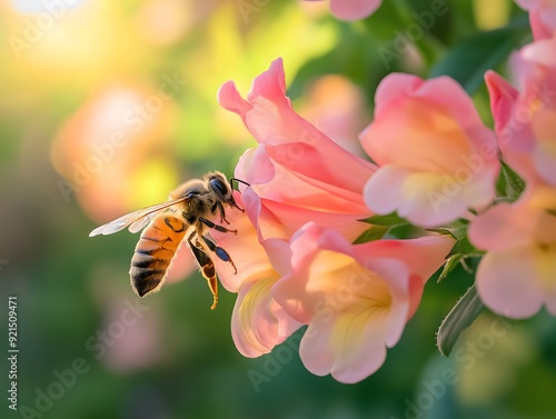 Close-Up of a Bee Pollinating a Vibrant Flower photo