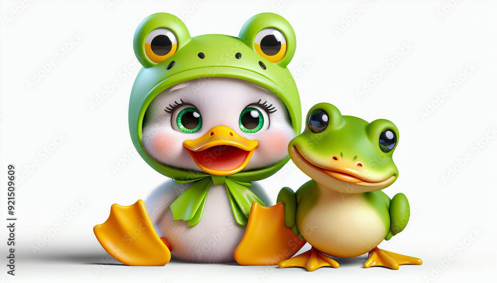 Fototapeta premium little duck wearing frog costume, 3D rendered, cartoon style