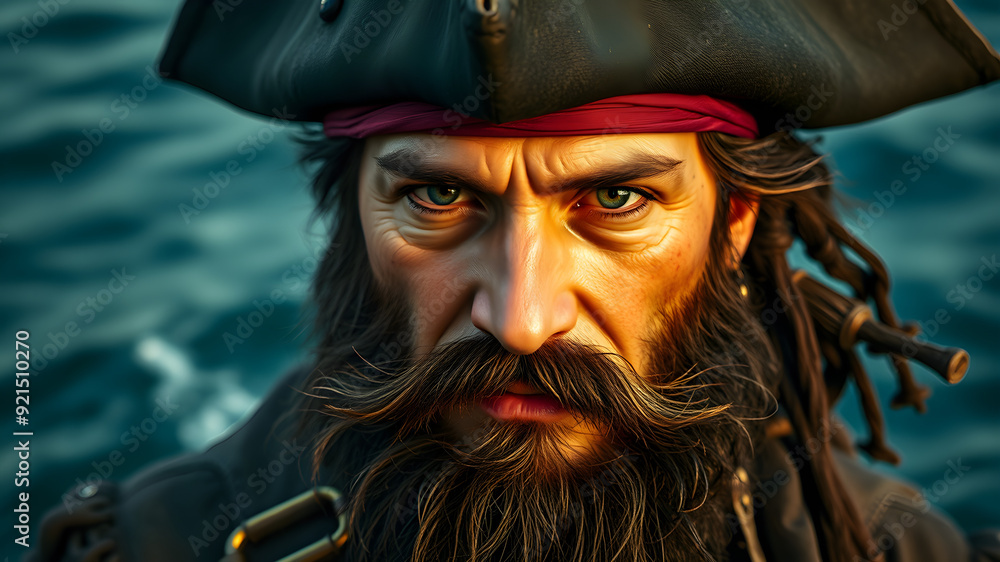 Male pirate, mid 40s, thick black beard, fierce look, realistic style, detailed facial features, weathered skin, intense gaze, traditional pirate attire, tricorn hat, rugged clothing, Generative AI Male pirate, mid 40s, thick black beard, fierce look, realistic style, detailed facial features, weathered skin, intense gaze, traditional pirate attire, tricorn hat, rugged clothing, Generative AI