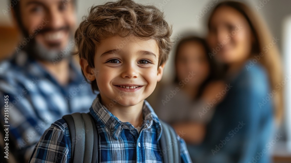 Close-Up of Proud Child in New School Clothes with Admiring Parents – A Joyful Family Moment Highlighting Preparation, Love, Friendship, and Care Close-Up of Proud Child in New School Clothes with Admiring Parents – A Joyful Family Moment Highlighting Preparation, Love, Friendship, and Care