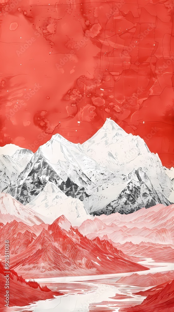 Fototapeta premium Red sky and white mountains landscape illustration poster background 