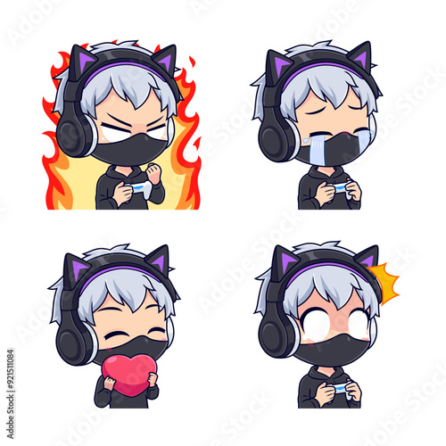 Masked gamer boy cartoon mascot icon set suitable for gaming streamer
