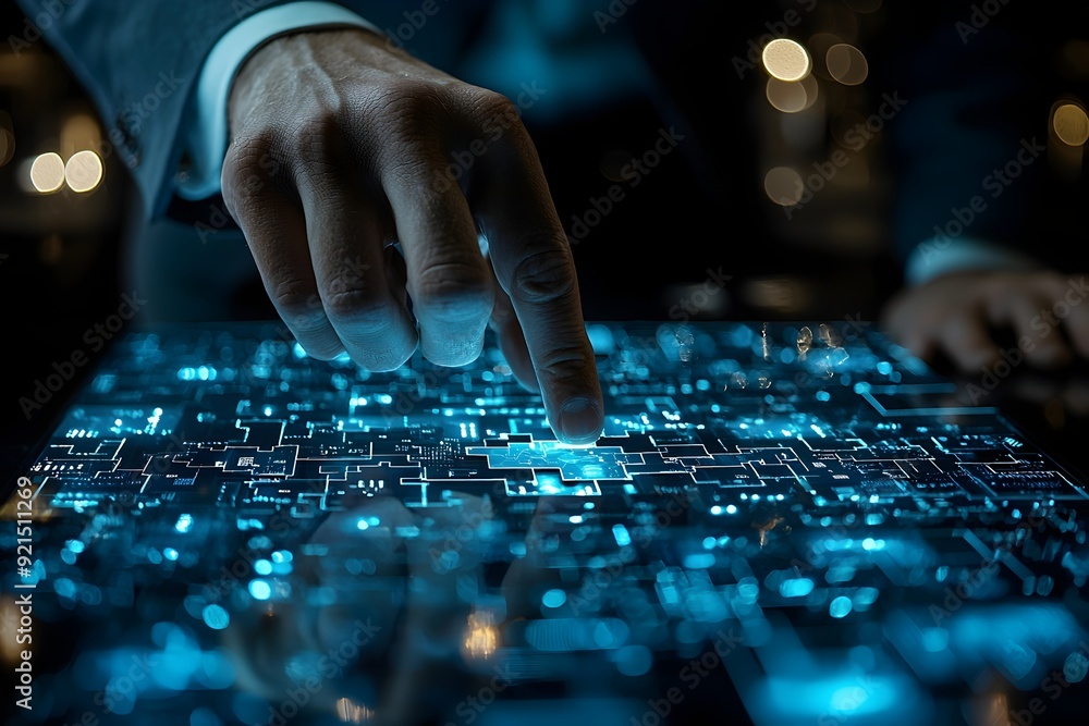 Closeup of a Hand Touching a Glowing High Tech Keyboard in a Dark Digital Environment Closeup of a Hand Touching a Glowing High Tech Keyboard in a Dark Digital Environment
