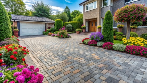 Attractive driveway or patio area featuring neatly arranged block paving stones in varying shades of gray, surrounded by lush greenery and vibrant blooming flowers.