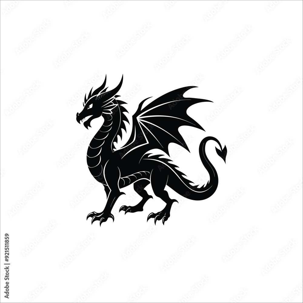 Fototapeta premium Silhouette flying dragon full body black color