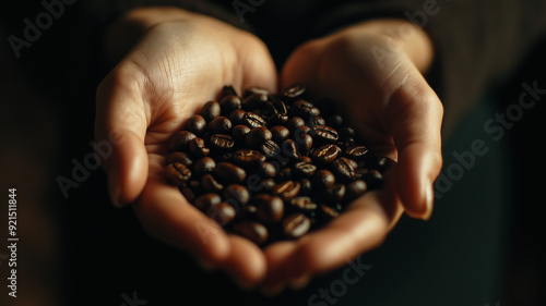 A woman holds fresh roasted dark coffee beans carefully in her hands, female hands holding espresso beans, dark dramatic light, shallow depth of field photo