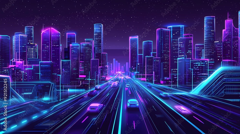 Neon city skyline with glowing lines and cars driving on the highway. Neon city skyline with glowing lines and cars driving on the highway.