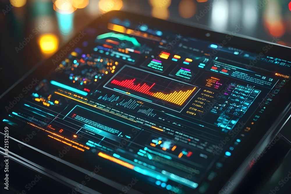 Obraz premium Futuristic Digital Dashboard with Financial Data Visualization and Analytics