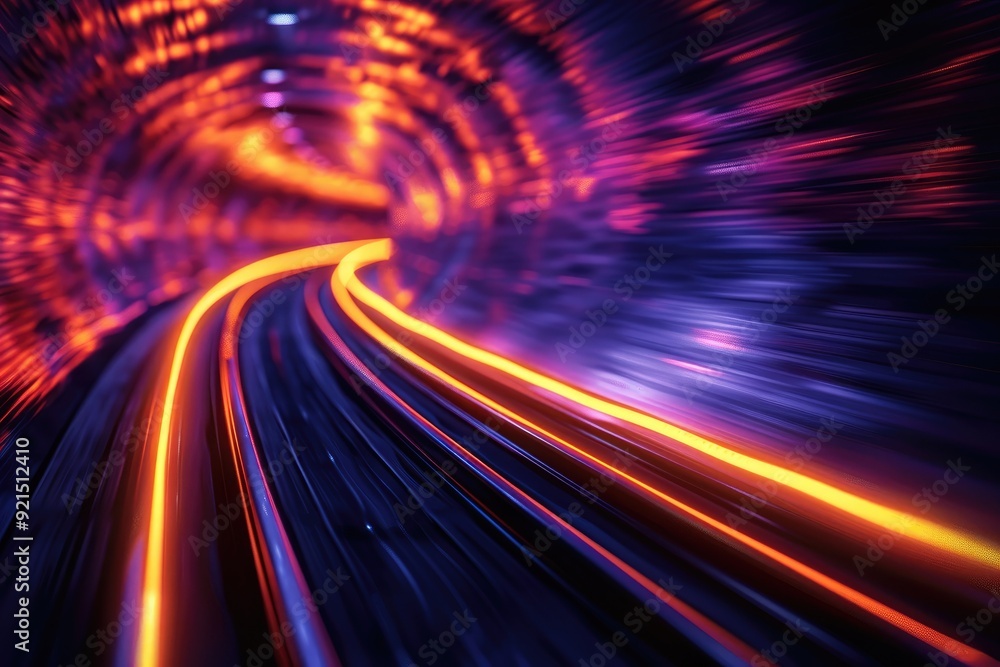Obraz premium Futuristic glowing orange and purple light speed tunnel
