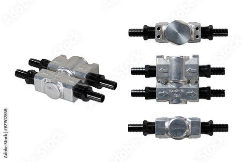 Studio photography of a billet style cast alumium fluid control thermostat kit isolated on a white background. New car engine cooling system repair kit shot in multiple angles – front, back and side.