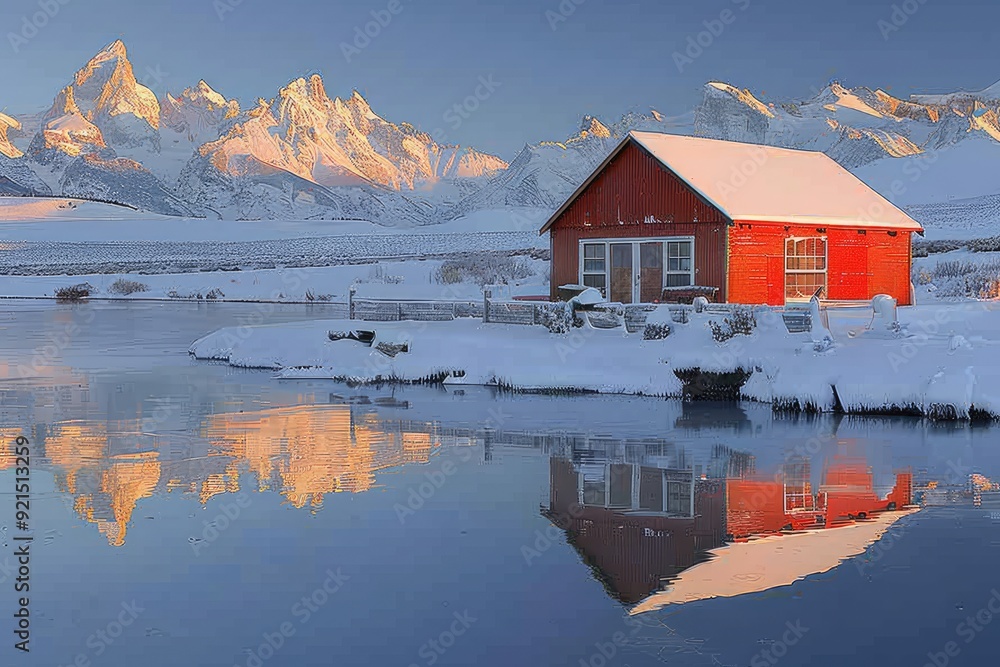 Fototapeta premium Red Cabin Reflected in a Frozen Lake, Mountain Range in the Distance