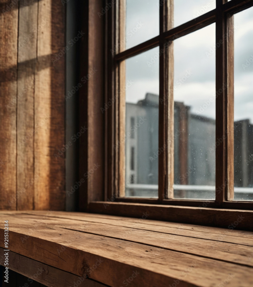 Fototapeta premium Wide Windowsill Against Buildings - Product Display Background