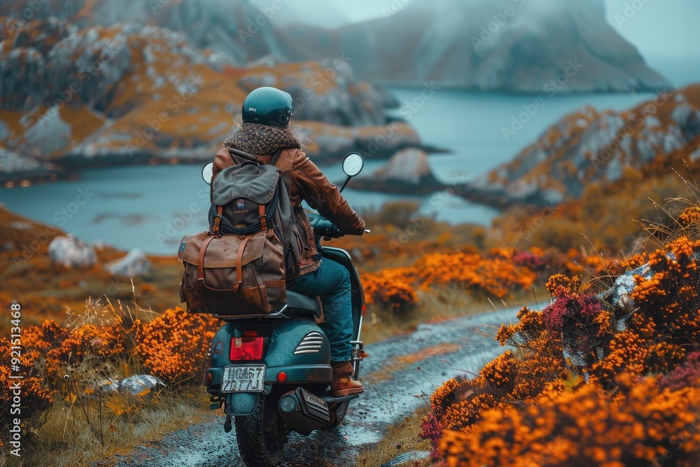 Scenic coastal ride on a scooter through blooming yellow flowers Scenic coastal ride on a scooter through blooming yellow flowers
