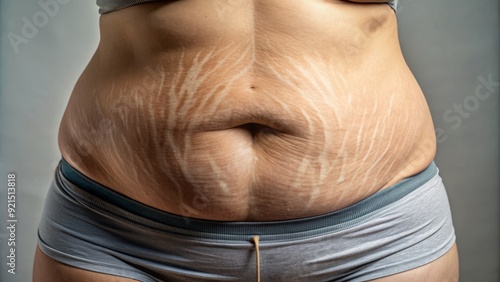 Close-up of a person's stomach with stretch marks, cellulite, and scars, embracing natural beauty and self-acceptance in a imperfect, unretouched realistic representation. photo