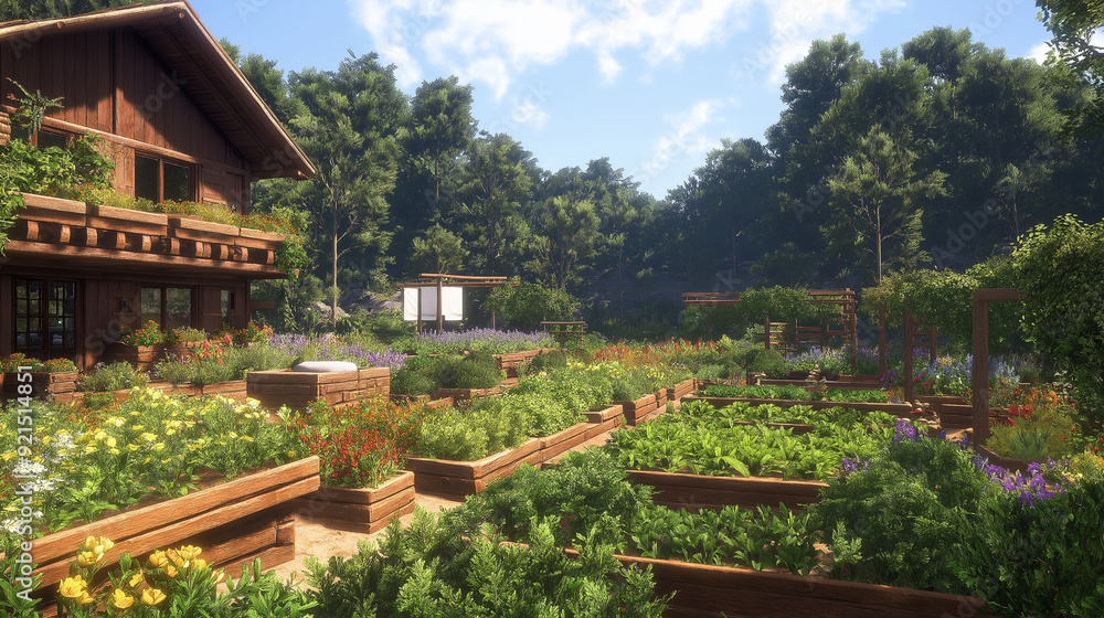 a land of healthy kiving, gardens and tree hosues with organic fruit trees and vegeable gardens all part of a story book, photo realistic, HDR, perfect lighting.