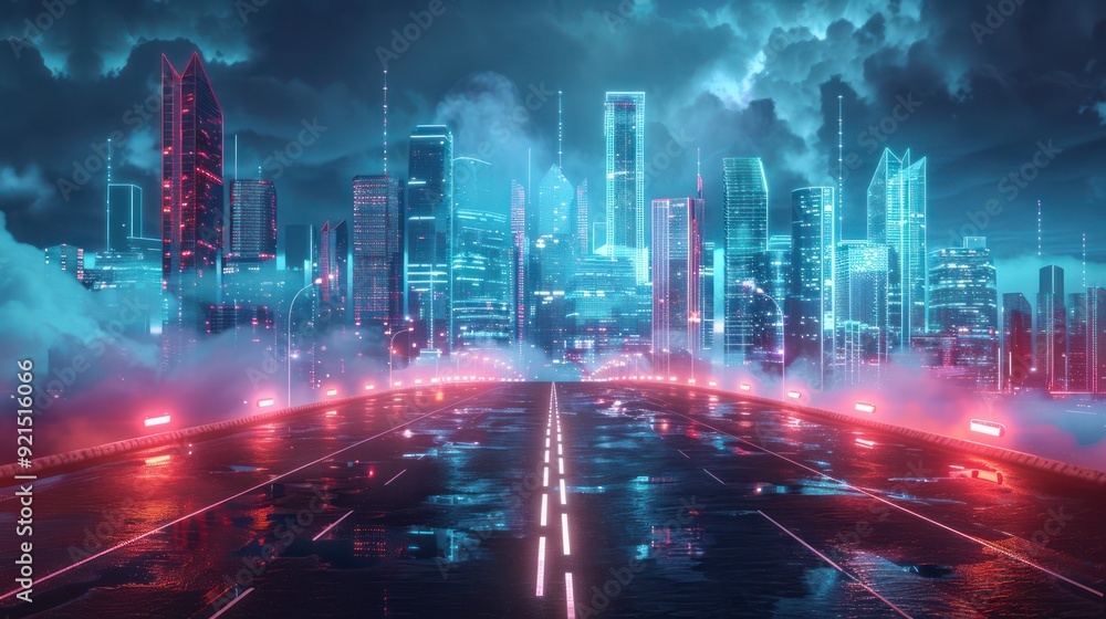 Fototapeta premium Neon Cityscape: A Futuristic Highway