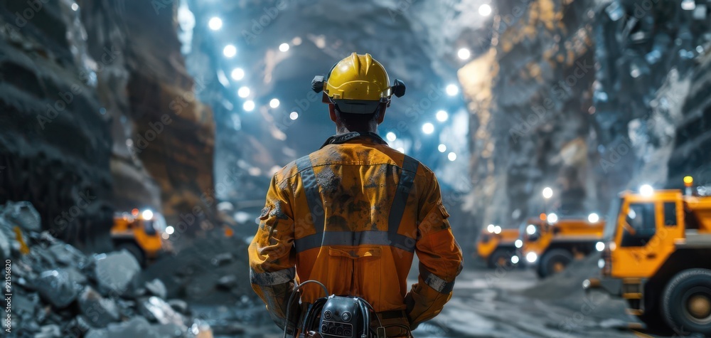 A miner in safety gear works deep underground, surrounded by heavy machinery in a well-lit cavernous tunnel. A miner in safety gear works deep underground, surrounded by heavy machinery in a well-lit cavernous tunnel.