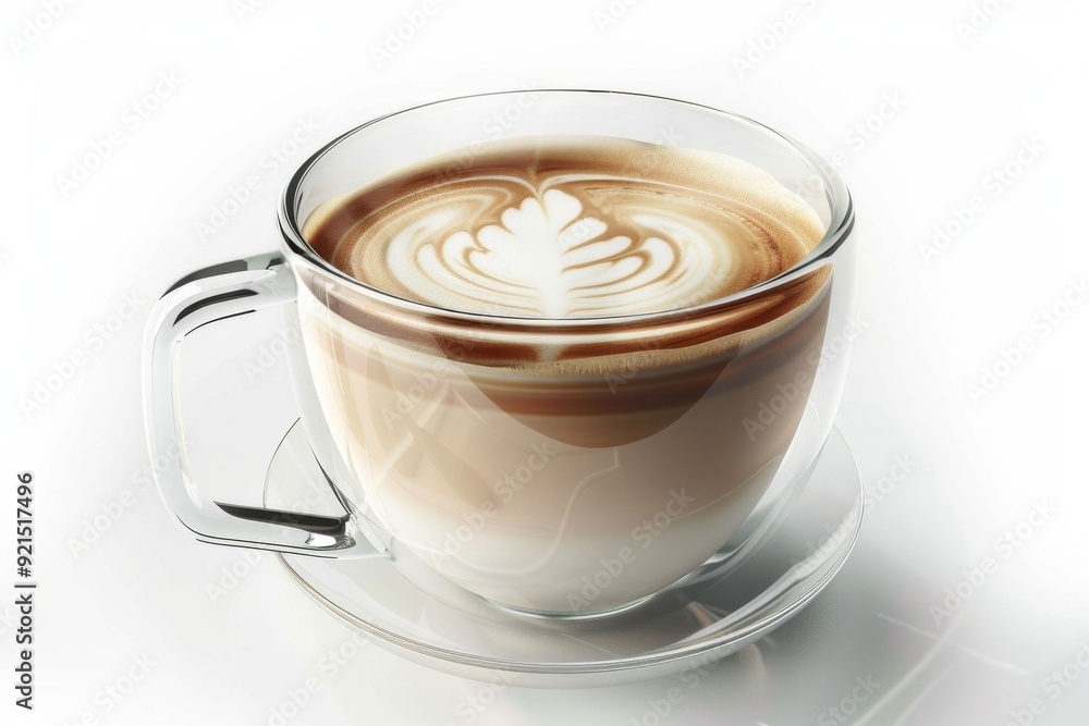 Close-up 3D render of a cappuccino coffee glass cup with intricate latte art, set against a white background, showcasing a detailed and artistic coffee design in a high-resolution style. Close-up 3D render of a cappuccino coffee glass cup with intricate latte art, set against a white background, showcasing a detailed and artistic coffee design in a high-resolution style.