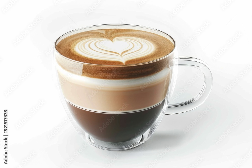 Close-up 3D render of a cappuccino coffee glass cup with intricate latte art, set against a white background, showcasing a detailed and artistic coffee design in a high-resolution style. Close-up 3D render of a cappuccino coffee glass cup with intricate latte art, set against a white background, showcasing a detailed and artistic coffee design in a high-resolution style.