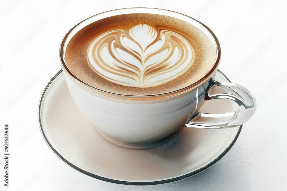Close-up 3D render of a cappuccino coffee glass cup with intricate latte art, set against a white background, showcasing a detailed and artistic coffee design in a high-resolution style. Close-up 3D render of a cappuccino coffee glass cup with intricate latte art, set against a white background, showcasing a detailed and artistic coffee design in a high-resolution style.