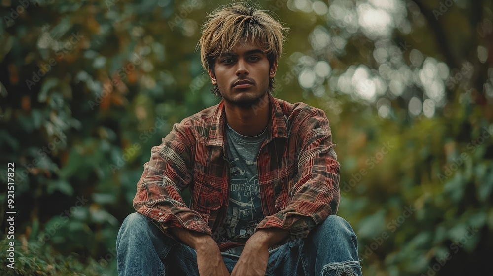 Fototapeta premium Teen Indian Man with Blond Straight Hair creative poster.