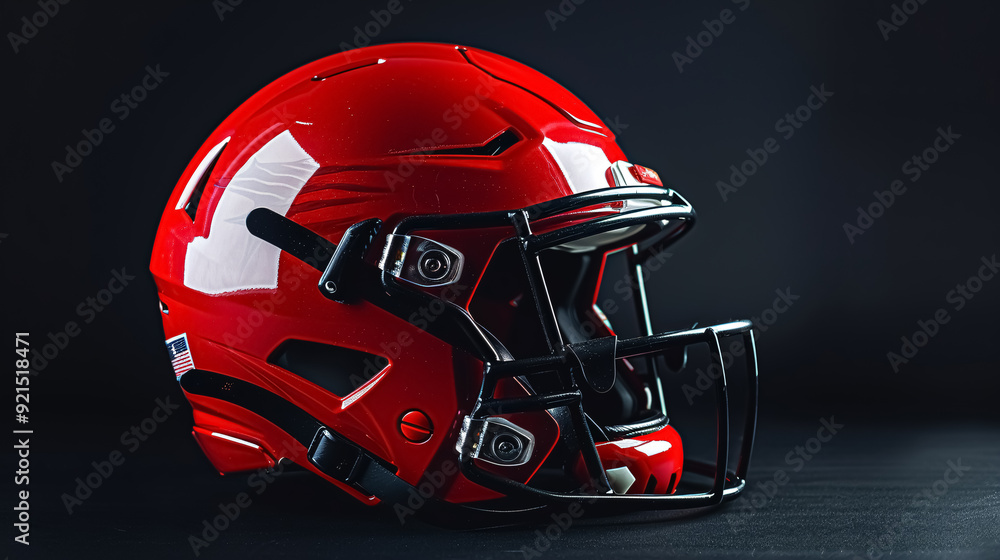 Fototapeta premium Side View of Red Football Helmet: Side view of a red American football helmet against a black 