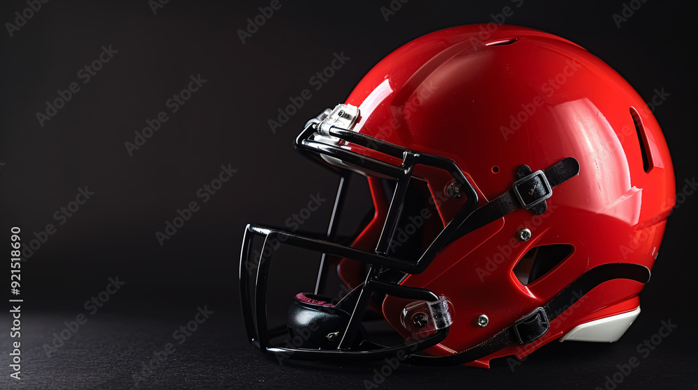 Fototapeta premium Side View of Red Football Helmet: Side view of a red American football helmet against a black 
