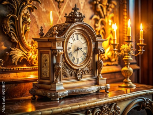 Elegant ornate marble clock sits atop a decorative wooden mantle, surrounded by intricately carved details and softly lit by warm, golden afternoon light.