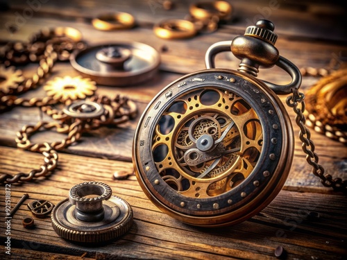 A vintage pocket watch lies open on a rustic wooden table, surrounded by scattered clockwork gears and mechanical parts, evoking a sense of nostalgia and forgotten time. photo