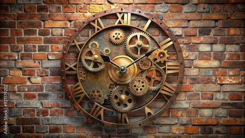 Rustic distressed industrial wall clock with worn metal gears and copper accents mounted on a weathered brick background, evoking a vintage factory atmosphere. photo