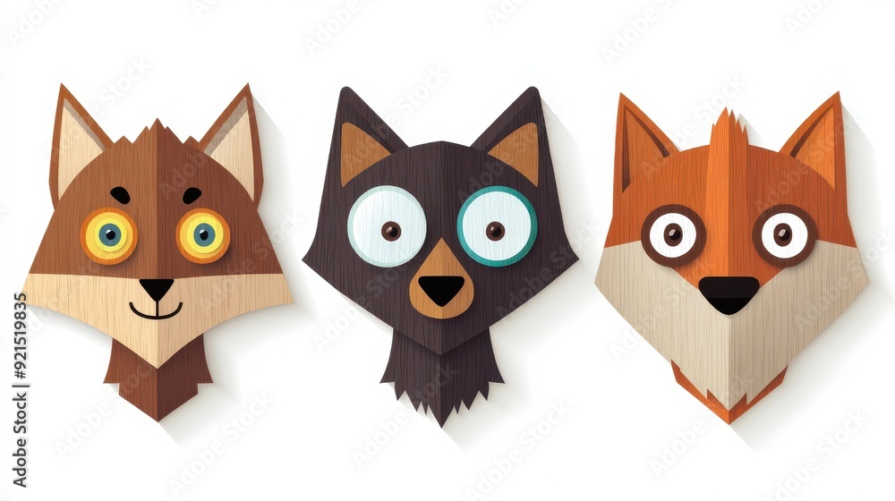 Fototapeta Vibrant wooden wolf faces capture the essence of wild nature in a modern, flat, cartoonstyle illustration.