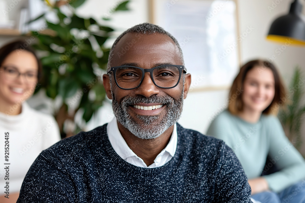 Smiling man with glasses in modern office during meeting Smiling man with glasses in modern office during meeting