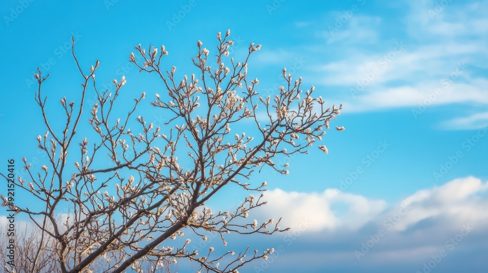 Tree Branches with White Buds Against a Blue Sky with Clouds Tree Branches with White Buds Against a Blue Sky with Clouds