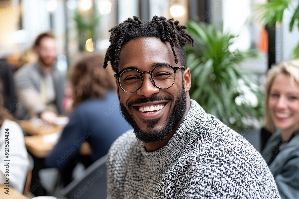 Happy man smiling in a café with friends in autumn Happy man smiling in a café with friends in autumn