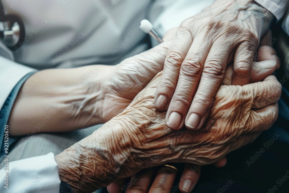 Fototapeta premium Young doctor compassionately holding hands with elderly patient, symbolizing care and empathy in healthcare for the elderly, captured in high-resolution and high-definition quality.
