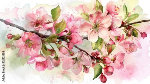 Beautiful watercolor painting of pink cherry blossoms on a branch, highlighting their delicate petals and vibrant spring colors.