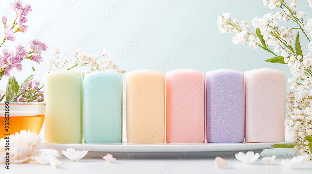 A plate of colorful moon cakes, Japanese style office, several flowers and a cup of tea, cream color, simple and fresh, medium scene, Japanese poster style. A plate of colorful moon cakes, Japanese style office, several flowers and a cup of tea, cream color, simple and fresh, medium scene, Japanese poster style.