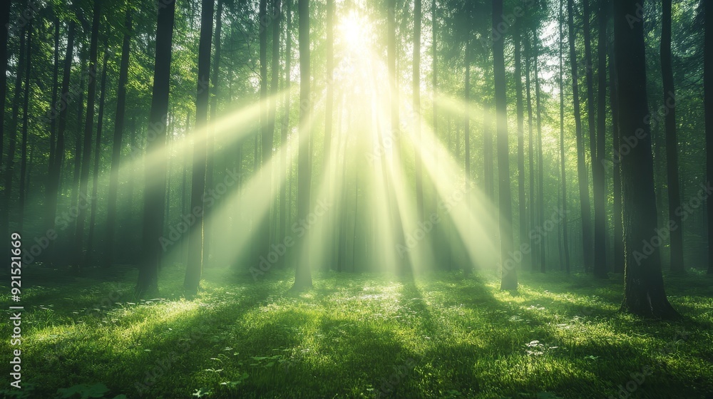 Obraz premium Sunlight filtering through trees in serene forest