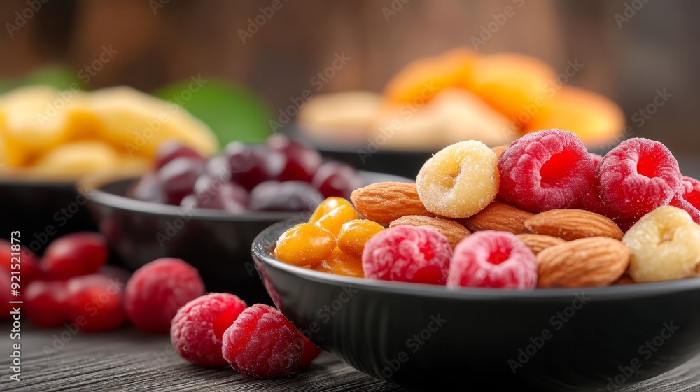 Mixed Nuts and Dried Fruits in Black Bowl Mixed Nuts and Dried Fruits in Black Bowl