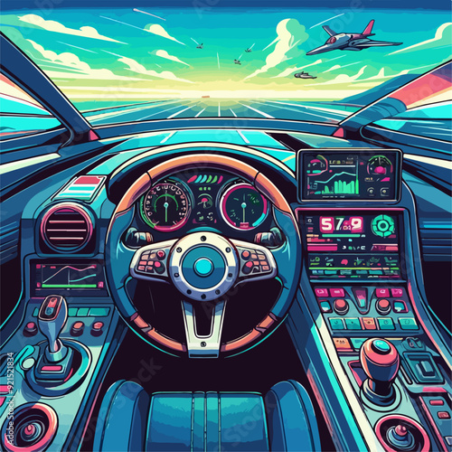 A car is driving down a road with a blue sky in the background. The car is in a futuristic style and has a steering wheel with a digital display