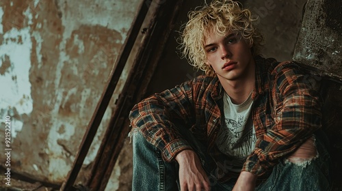 Teen White Man with Blond Curly Hair creative poster.