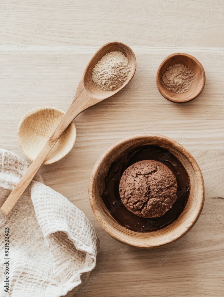 Close-Up of Chocolate Muffins Ingredients and Batter Texture in Rustic Kitchen Setting at Daytime Close-Up of Chocolate Muffins Ingredients and Batter Texture in Rustic Kitchen Setting at Daytime