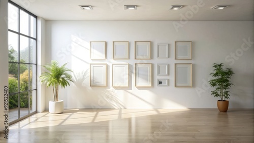 Empty minimalist white interior wall with a blank framed gallery wall mockup, awaiting art or photography, against a soft natural light background.