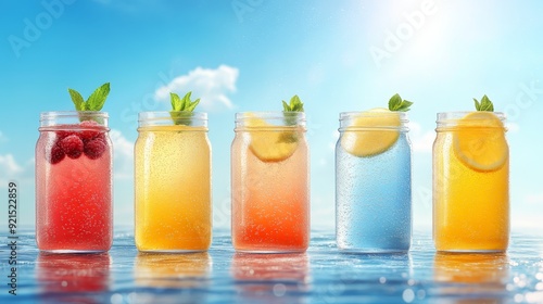 Colorful summer drinks in mason jars outdoors